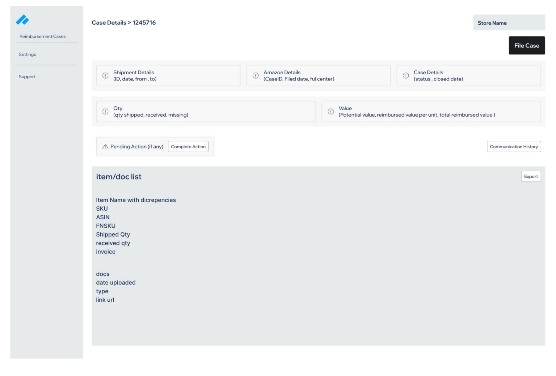 Case details page grouped into shipment, Amazon case, status, and affected-items sections